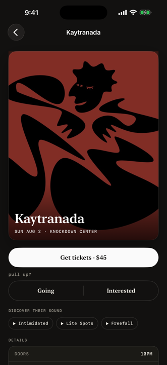 A Pull Up show page: the poster for Kaytranada at Knockdown Center, a ticket button, and the friends who are already going